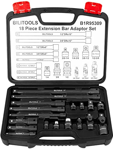 BILITOOLS Kraft-Verlängerungs-Satz 18-tlg., 1/4, 3/8 & 1/2, Cr-V Stahl | Steckschlüssel Verlängerung, Kraft Verlängerung & Schlagnuss Verlängerung für Schlagschrauber, mit Adaptern & Kardangelenken