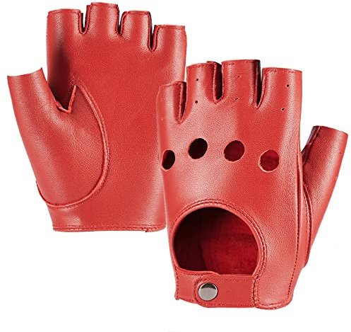 MGGMOKAY Damen Fingerlose Schaffell Autofahrer Lederhandschuhe Rock Punk Handschuhe,Rot,S