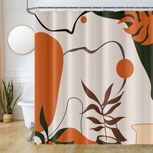 Uiiooazy Rideau Douche Abstrait, Rideau de Douche Boho Terracotta Milieu du Siècle Rideau de Baignoire Anti Moisissure Imperméable Tissu Polyester Lavable Rideau de Bain avec 12 Crochets 180Lx180Hcm
