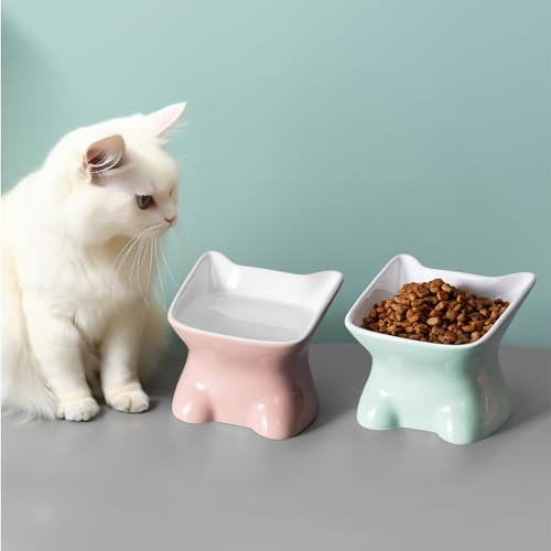 Navaris Gamelle Double Chat - Lot 2X Gamelle Céramique 120 ML pour Chiens Chats Chatons Chiots - Bol 120 ML Surélevé Croquette Eau Pâtée
