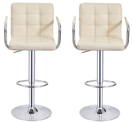Lot de 2 Tabourets de Bar, Chaises Haut, Hauteur Réglable, Revêtement en PU, Rotatif sur 360°, avec Accoudoirs, Dossier et Repose-Pieds, Pied Chromé (Beige)