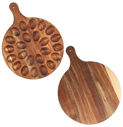 24 Holes Reversible Wood Deviled Egg Platter, Charcuterie Board Round Devil Egg Tray Countertop Refrigerator Egg Serving Tray for Easter Christmas Deviled Egg Carrier