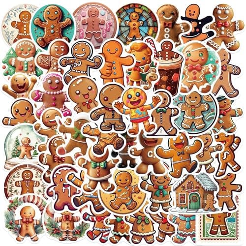 Pack of 50 Ginger Cake Man Stickers Car Laptop Phone Guitar Skateboard Motorcycle Bicycle Gingerbread Stickers Set Vinyl Waterproof Aesthetic Stickers for Teenagers Children Adults