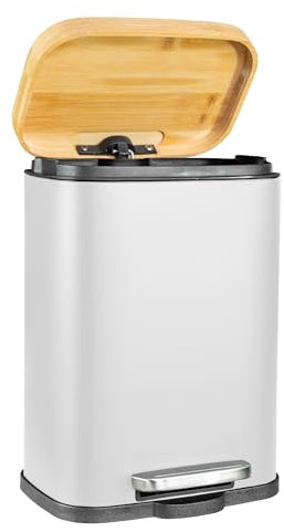 Solly´s Poubelle de salle de bain, 5 l, avec couvercle en bambou, à pédale, avec système d'abaissement automatique, revêtue par pulvérisation, antidérapante, blanche