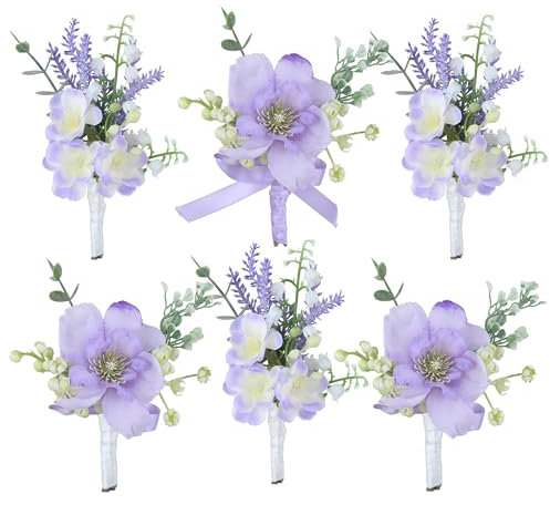 Rinlong 6 x lila Ansteckblumen für Herren, Hochzeit, Bräutigam, Boutonniere, Abschlussball, künstliche Hochzeitsblumen