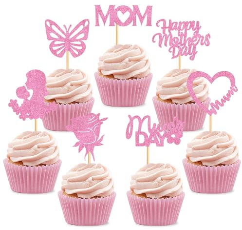 Blumomon 24 Stück Glitzer Happy Mothers Day Cupcake Topper Beste Mama Kuchendeko Mutter Cupcake Topper für Muttertag Party Kuchendeko