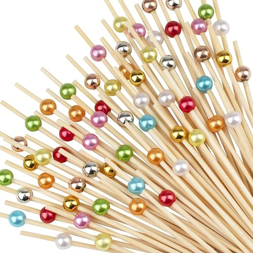 ALINK 200 Stück Cocktailspieße Naturholzspieße mit Gold Acrylperle Holz Zahnstocher Cocktailsticks, Cocktail Pick,Food Sticks für Bar Party, Grillen Snacks, Obst-Spieß, Antipasti(12cm)(Farbig)