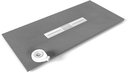 Moments of Glass SMC Duschwanne LUMIA 70x150 cm Grau RAL7030 extra flache robuste Duschtasse aus langlebigem SMC, ANTI-Rutsch-Oberfläche in Schieferoptik inkl. Ablaufgarnitur und Edelstahl Deckel