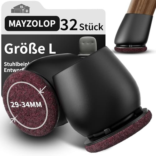 MAYZOLOP 32 Stück Stuhlbeinkappen Schwarz, Ø29-34mm Stuhlbeinkappen Schräge Stuhlbeine mit Filz, Hartholzboden Stuhlbeinschoner, Stuhlbeinkappen Rund, Kein Lärm Kein Kratzer
