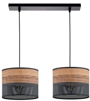 KAR LIGHTING Pendelleuchte 2-flammig aus schwarzem Metall mit Holzoptik-Details (PVC), höhenverstellbar | E27 Fassung | LED geeignet | Hängelampe für Wohn-, Esszimmer, Küche, Büro