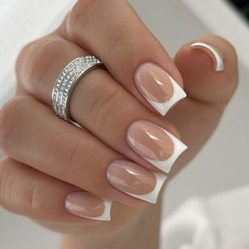French Tip False Nails - 24Pcs False Nail - False Nails with Glue - White Long Stick on Nails - Glossy Full Cover Glue on Nails - DIY Salon Home Long Lasting Gifts for Women