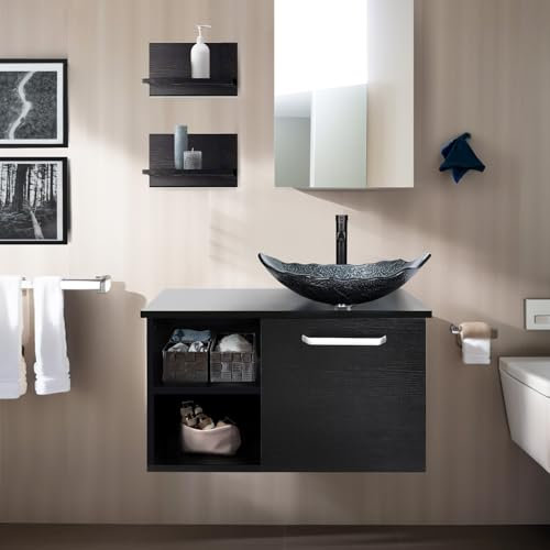 ZealWe Badmöbel Set Waschbecken Waschtisch mit Unterschrank Waschbeckenunterschrank und Spiegel, Badezimmermöbel mit Badezimmerschrank hängend, Wandregal, Aufsatz-Waschbecken(Modern Silber)