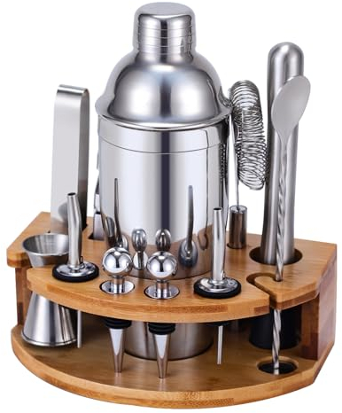 Kit Shaker à Cocktail avec Support, Kit Cocktail 12 Pièces en Acier Inoxydable avec Shaker Cocktail de 750ML Pilon Verre Doseur Cocktail, Machine à Cocktail Set pour Bar à Domicile, Fête (Argenté)