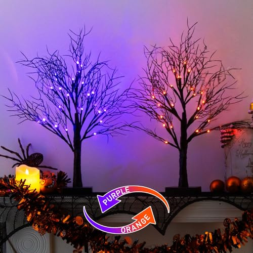 Vanthylit - Confezione da 2 alberi di Halloween, albero nero con luci a LED bicolore arancione viola, 6 funzioni, USB e funzionamento a batteria, per decorazioni di Halloween per interni (55,9 cm, 24