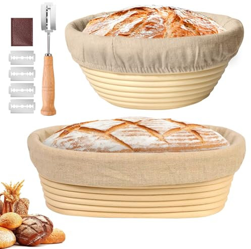 Set di 2 cestini per la lievitazione per pane, cestino per la fermentazione per il pane, cestino per la fermentazione rotondo, ovale, con coltello da panetteria, pieghevole, facile da pulire, ideale