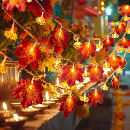 Sulobom Herbst-Kürbis-Girlande, Herbstdekoration, Ahornblatt-Lichter, Herbstlichter, batteriebetrieben, für drinnen und draußen, Erntedankfest, Weihnachtsdekoration (1,5 m, 10 LEDs)