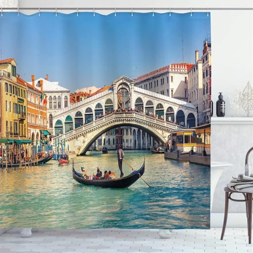 XUXINYCS Venedig Duschvorhänge Stadtbild an einem sonnigen Tag mit Rialtobrücke Grand Canal Destination Stoff Badezimmer Dekor