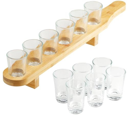 GEEZY Glass Shot Glasses Set of 6 with Wooden Bamboo Holder 40ml - Shot Glass Holder with Large Shot Glasses, Alcohol Shot Set, Shot Tray and Tequila Shot Glasses, Shot Paddle Board