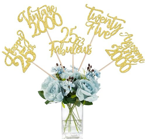 15 Stück Vintage 2000 Tortendeko Happy 25th Awesome Since 2000 Kuchen Deko 25 Fabulous Cake Toppers für Prost auf 25 Jahre Geburtstag Hochzeitstag Party Kuchen Dekorationen Gold
