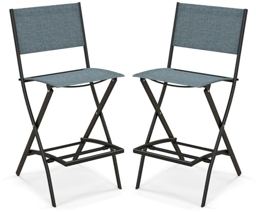 GIANTEX 2er Set Barhocker Outdoor, Gartenstühle Klappbar, Barstühle mit Fußstütze, Sitzhöhe 71cm, Terrassenstühle mit atmungsaktivem Stoff und Metallrahmen (Blau)