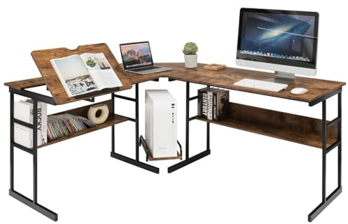 COSTWAY L-förmiger Schreibtisch, Eckschreibtisch aus Holz mit neigbarer Tischplatte, 2 Ablagen & CPU-Ständer, Computertisch für Zuhause & Büro, 170 x 150 x 75 cm (Braun)