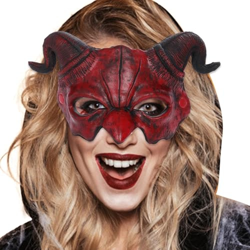 Teufels-Dämonenmaske, Halbgesicht, gruselige Halloween-Geistermaske mit roten Hörnern, Ziegen-Schaf-Horn, Monstermaske für Cosplay, Maskerade, Kostümparty, Zubehör, Geistermaske, gruselige Maske