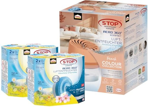 Pattex AERO 360° Kompakt Luftentfeuchter Peach Colour Collection, 1 Gerät inkl. 1 Nachfülltab & Nachfüll Tabs Wildblumenwiese, geruchsneutralisierend, 2x Nachfüllpack 2er-Pack (2x450g)