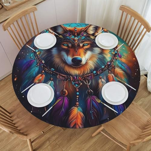 Mexpekil Runde Tischdecke mit elastischem Rand, Motiv: Galaxie, Traumfänger, Wolf, abwischbar, wasserdicht, Tischschutz für drinnen und draußen, Größe S, passend für 101,6 - 111,8 cm runde Tische