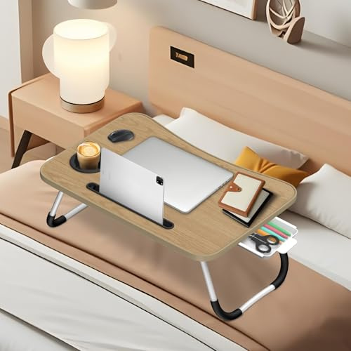 Ferghana Klappbarer Laptop-Schreibtisch Klappbar,Tisch 60x40cm Leichtes Bett Schreibtisch Engineering Design Multifunktionstisch (Kartenschlitz + Tassenträger + Schublade, Nussbaum)
