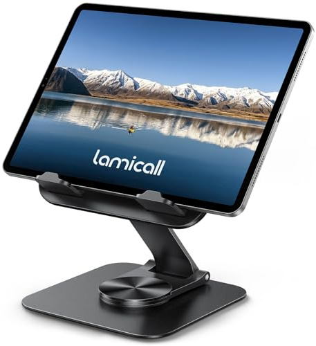 Lamicall Adjustable iPad Stand for Desk - [Ultra-Slim Foldable][360°Rotation] Tablet Holder Stand with Heavy-Duty Base, Mother Day Kindle Holder for 4.7-13 Device, iPad Pro Air Mini, Kindle, E-Reader