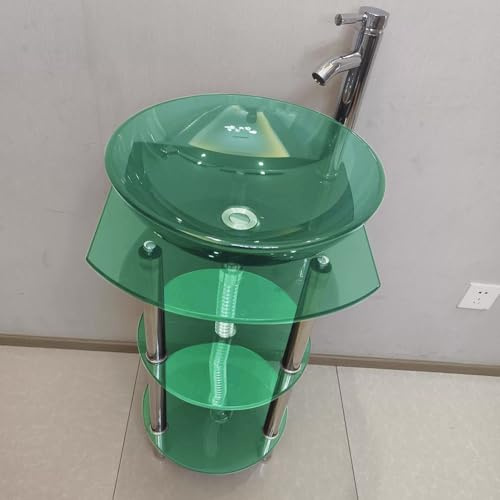 Waschbecken-Set Aus Gehärtetem Glas Für Badezimmer, Bodenstehende Edelstahlhalterung Mit Wasserhahn Und Abfluss, Waschtischkombination Mit Waschbecken,Green 1,1Set