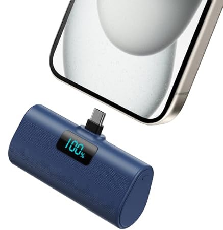 Mini Powerbank 5200mAh, Klein Power Bank USB C PD Externer Akku, Compact LCD Digitalanzeige Akkupack Kompatibel mit iPhone 15/16/17 Serie, Samsung S25/24 Serie, Note, Huawei, iPad-Blau