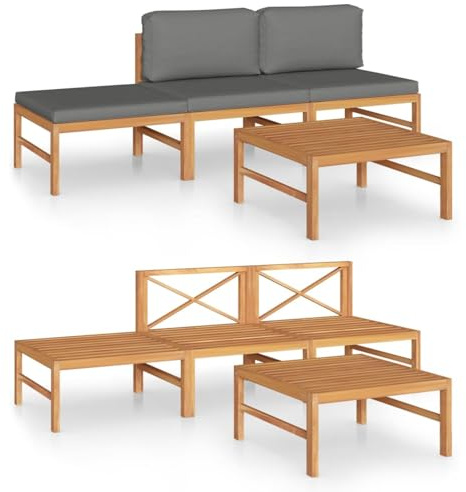WGYHOME 4-TLG. Garten-Lounge-Set mit Grauen Kissen Massivholz Teak, Sitzgruppe Essgruppe Set Sofa-Garnitur Lounge, Gartenset Sofa-Set Garnitur Gartenmöbel Couch-Set mit Sofa und Sessel
