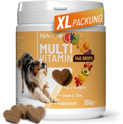 ReaVET 140 Multivitamin Drops, A-Z Vitamine für Hunde & Mineralstoffen Eisen & Zink, Rundumversorgung, Vitamin B-Komplex, Präbiotisch, zur täglichen Nährstoffversorgung, Getreidefrei, 350 g