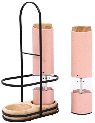Elektrisches Salz- und Pfeffermühlenset 2er Set mit Sockel, LED Licht, Keramikmahlwerk, rosa, kompakt, modern, Pfeffermühle elektrisch mit verstellbarer Mahlstärke für Küche, Restaurant, Picknick