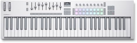 Novation Launchkey 61 White MK4 USB MIDI Keyboard Controller | USB, 61 Semi-Weighted Keys, White, 16 Pads with Polyphonic Aftertouch, 9 Faders, Pitch/Mod Wheels, OLED Display, Scale Mode
