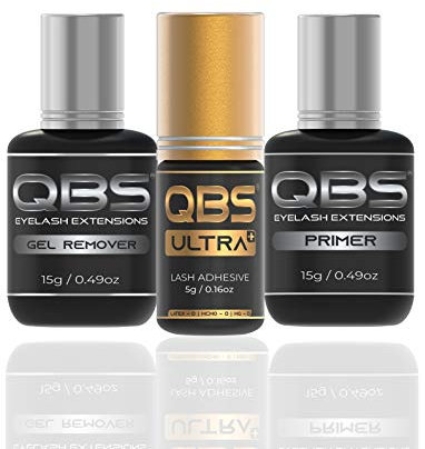 QBS® Eyelash Extensions Liquid Set: Ultra Plus Lash Glue (5ml), Gel Remover (15ml) & Lash Primer (15ml) – Strong Adhesive Bond, Quick-Dry Glue, Lash Prep for Extensions