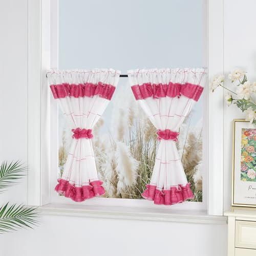 Yujiao Mao 1 Stück Pastorale Art Scheibengardine Leinen-Garn Bistrogardine Küchengardine Scheibengardine mit Raffhalte, BxH 90x90cm, Rosa