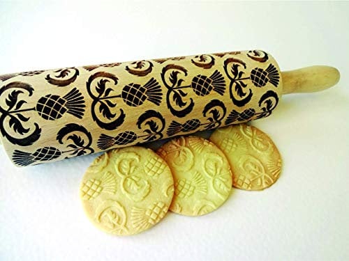 Algis Crafts - Embossed Rolling Pin for Baking Accessories with Laser Engraved Design THISTLES - Beautifully Handmade Pattern Rolling Pin - Decorative Rolling Pins to Make Unique Bakes and Pottery