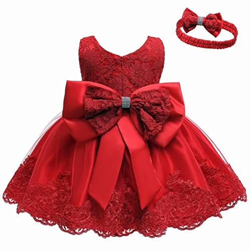 LZH Baby Girls Ruffle Lace Bowknot Flower Dress for Pageant Party Wedding | Lace Tulle Baby Girl Dress with Matching Bow Headband, Elegant Big Bow Decor for Christmas Wedding Pageant Birthday Party
