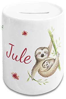 GRAZDesign Spardose zur Taufe Geburt Kommunion Konfirmation, als Geschenk Geldgeschenk, Keramik Weiß mit Motiv, für Jungen und Mädchen (Faultier)
