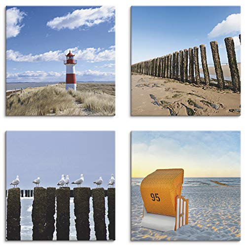 ARTLAND Wanddeko Strandbilder Leinwand Bilder Set 4 tlg. je 30x30 cm Quadratisch Wandbilder Landschaft Strand Leuchtturm Sylt Vogel Möve Strandkorb K2YI