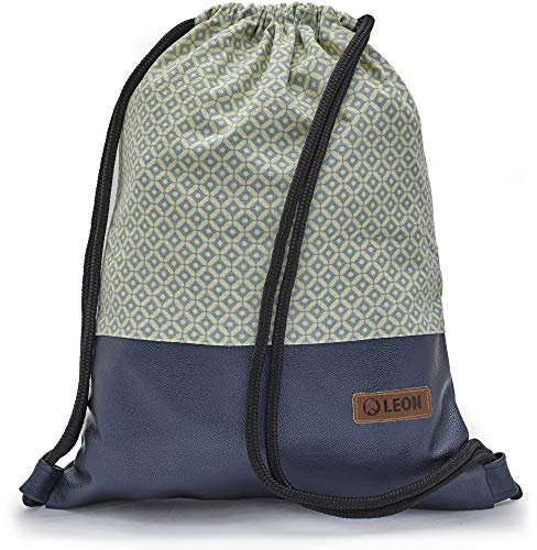 By Bers Leon großer Premium Turnbeutel mit Innentaschen Rucksack Tasche Damen Herren Teenager Gym Bag Draw String 45x34cm für Sport Reise Alltag Einkauf (KaroBlau_BlauMetallicPU)