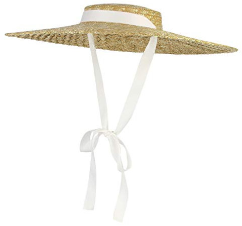 EOZY Chapeau Paille Capeline Femme Élégant Large Bord Visière Anti-Soleil Chapeau Panama Voyage Plage Vintage Anti-UV Été Outdoor (Blanc Ruban, Bord 18cm)