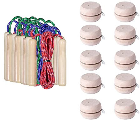 Partituki Confezione da 10 Yoyo in Legno Naturale e 10 Corde per Saltare con Manico in Legno. Ideale per Giochi all'Aperto e Dettagli di Compleanno per Bambini