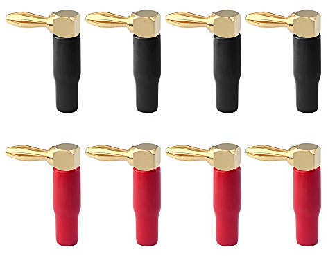 VCELINK Banana Plugs 90 degree 4 Pairs/8 PCS, Right Angle 4mm Speaker Connectors for Speaker Wire, Sockets, Amplifier, Dual-Screw Type in Red & Black
