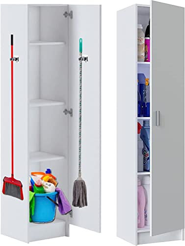 HABITMOBEL Armario 181 Suelo baño escobero despensero almacenaje Multiusos 1 Puerta Acabado Blanco 180cm 4 Colgadores escoberos Incluidos 181cm Alto