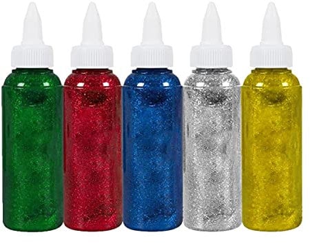 Washable Glitter Glue 5PC Arts & Crafts Set: Green, Silver, Red, Blue & Gold Colours - 5 x 118ml Bottles