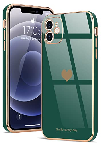 Wirvyuer Hülle Kompatibel mit iPhone 12 Handyhülle Liebesherz Mädchen Schutzhülle Silikon Cute Love Slim Case Stoßfeste Kameraschutz Hülle für iPhone 12 Grün