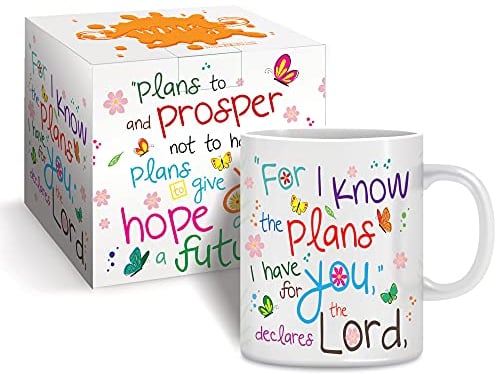 Christian Mug with Gift Box, I Know The Plans, with Bible Verse Jeremiah 29:11. Bible Verse Mug Makes Perfect Christian Gifts for Women & Men, by Just Cards Direct